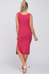 Magenta Ribbed Sleeveless Gathered Maternity Dress