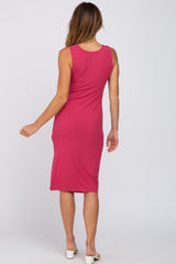 Magenta Ribbed Sleeveless Gathered Dress