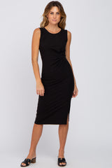 Black Ribbed Sleeveless Gathered Maternity Dress