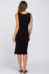 Black Ribbed Sleeveless Gathered Dress