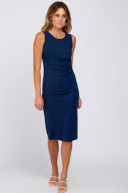 Navy Ribbed Sleeveless Gathered Dress