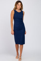 Navy Ribbed Sleeveless Gathered Maternity Dress