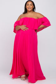 Fuchsia Chiffon Off Shoulder Maternity Plus Gown