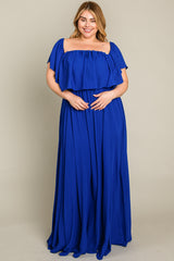 Royal Blue  Chiffon Off Shoulder Plus Gown