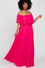 Fuchsia Chiffon Off Shoulder Gown