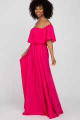 Fuchsia Chiffon Off Shoulder Gown