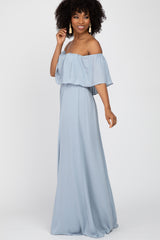 Light Blue Chiffon Off Shoulder Gown