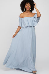 Light Blue Chiffon Off Shoulder Gown