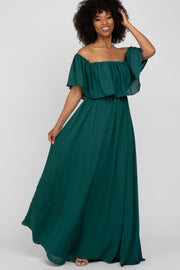 Forest Green Chiffon Off Shoulder Gown