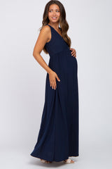 Navy Blue V-Neck Sleeveless Maternity Maxi Dress