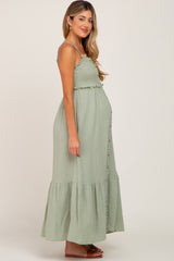 Light Olive Smocked Button Front Maternity Maxi Dress