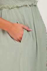 Light Olive Smocked Button Front Maternity Maxi Dress