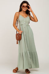 Light Olive Smocked Button Front Maternity Maxi Dress