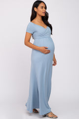 Light Blue Off Shoulder Wrap Maternity Maxi Dress