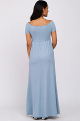 Light Blue Off Shoulder Wrap Maternity Maxi Dress