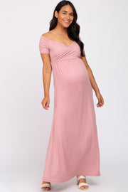 Mauve Off Shoulder Wrap Maternity Maxi Dress