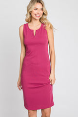 Magenta Ribbed V-Neck Dress