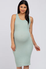 Light Olive Ribbed Fitted Crisscross Back Maternity Dress