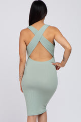 Light Olive Ribbed Fitted Crisscross Back Maternity Dress