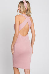 Mauve Ribbed Fitted Crisscross Back Dress