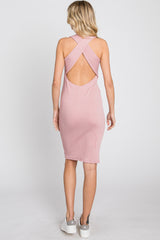 Mauve Ribbed Fitted Crisscross Back Dress