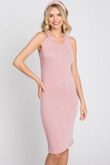 Mauve Ribbed Fitted Crisscross Back Dress