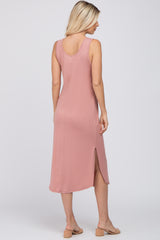 Mauve Heathered Sleeveless Pocket Front Midi Dress