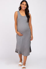 Heather Grey Heathered Sleeveless Pocket Front Maternity Midi Dress