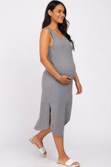 Heather Grey Heathered Sleeveless Pocket Front Maternity Midi Dress