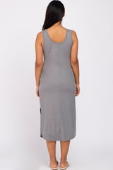 Heather Grey Heathered Sleeveless Pocket Front Maternity Midi Dress