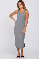 Heather Grey Heathered Sleeveless Pocket Front Maternity Midi Dress