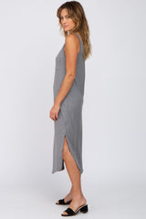 Heather Grey Heathered Sleeveless Pocket Front Midi Dress