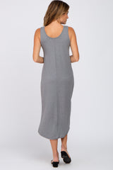 Heather Grey Heathered Sleeveless Pocket Front Midi Dress