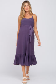 Purple Waist Tie Ruffle Hem Maternity Midi Dress