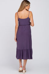 Purple Waist Tie Ruffle Hem Maternity Midi Dress