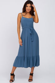 Blue Waist Tie Ruffle Hem Midi Dress