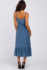 Blue Waist Tie Ruffle Hem Midi Dress