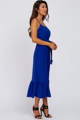 Royal Blue Waist Tie Ruffle Hem Midi Dress