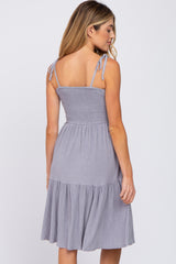 Grey Smocked Shoulder Tie Maternity Dress