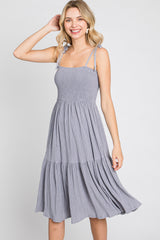 Grey Smocked Shoulder Tie Maternity Dress