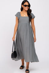 Charcoal Square Neck Ruffle Sleeve Maternity Midi Dress