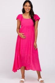 Fuchsia Square Neck Ruffle Sleeve Maternity Midi Dress