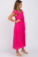 Fuchsia Square Neck Ruffle Sleeve Midi Dress