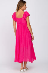 Fuchsia Square Neck Ruffle Sleeve Midi Dress