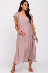 Mauve Square Neck Ruffle Sleeve Maternity Midi Dress