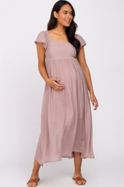 Mauve Square Neck Ruffle Sleeve Maternity Midi Dress