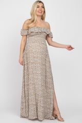 Sage Floral Off Shoulder Smocked Maternity Maxi Dress