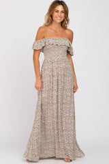 Sage Floral Off Shoulder Smocked Maternity Maxi Dress