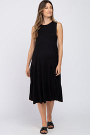 Black Tiered Sleeveless Maternity Midi Dress