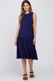 Navy Blue Tiered Sleeveless Maternity Midi Dress